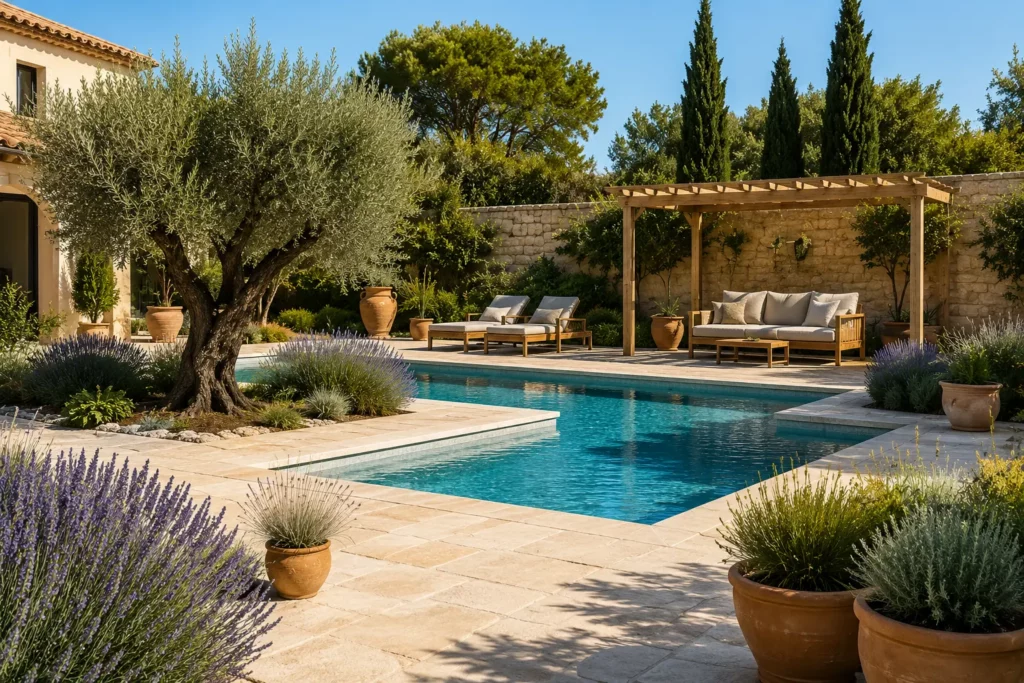 aménagement de contour de piscine style méditérannéen