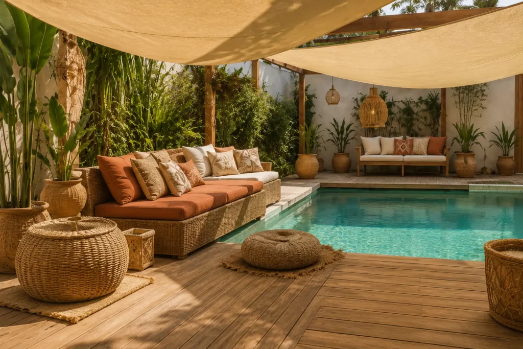 aménagement de contour de piscine style bohème