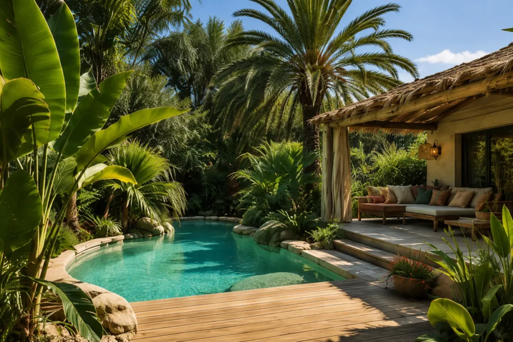 aménagement contour de piscine style exotique
